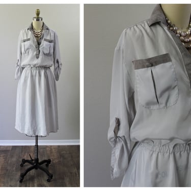 Vintage 1970s 70s Lilli Ann San Francisco Gray light slouchy rolled up button sleeve dress   / modern small Medium  US 4 6 8 