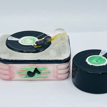 Vintage Record Player With Records Salt and Pepper Shakers- Chip free 