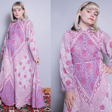 Vintage 1970's | Beautiful | Floral | India Cotton | Long Sleeve | Maxi | Dress | M 