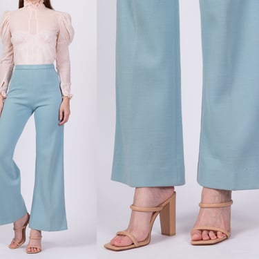 70s Baby Blue Wool Flared Pants - Extra Small | Vintage High Waist Retro Pastel Knit Trousers 
