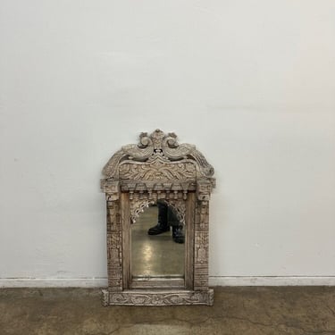 Aged Wood Carved Details Mirror 