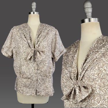 1940s Silk Blouse / Brown and Cream Silk Blouse with Rhinestone Buttons / Size XXL Plus Size 