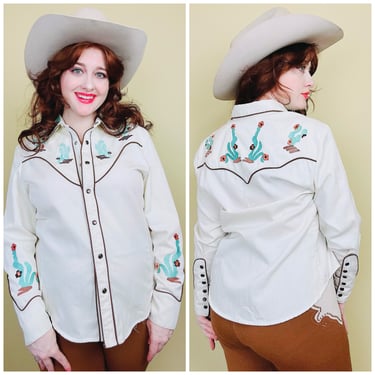 1990s Vintage Scully Western Wear Embroidered Blouse / 90s Cactus Yoke Novelty Pearl Snape Shirt Rodeo / Large 
