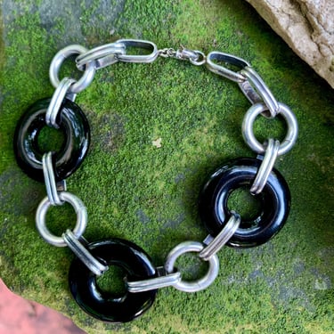 Unusual 1960'S Sterling Silver Bracelet -  Black Onyx Rings - Spring Ring Clasp - 7-5/8 Inches Long 