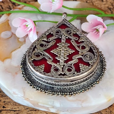 Old Sterling Tibetan Pendant~Tribal Jewelry, Teardrop Shape Red Stone & Sterling Silver 