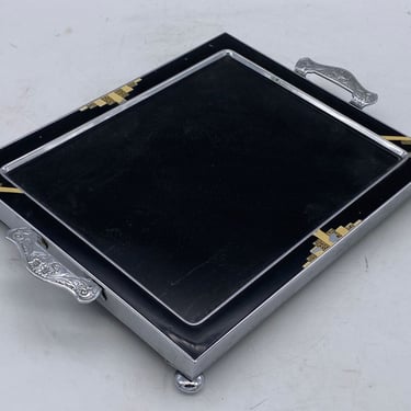 Chrome Art Deco Serving Tray with Enamel Accents and Glass Top 