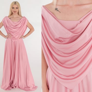 Pink Gown 70s Grecian Party Dress Off Shoulder Draped Maxi Pink Long Formal Evening Cocktail Ballgown Retro Vintage 1970s Medium M Tall 
