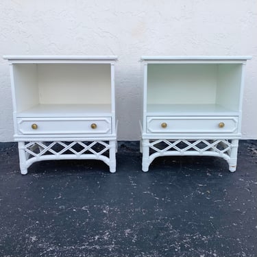 Set of 2 Rattan Nightstands by Ficks Reed FREE SHIPPING - Vintage Hollywood Regency Furniture Lattice Coastal Wood End Tables 