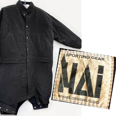 HAI Gear ISSEY MIYAKE Design Sporting Gear, Black Overcoat Winter Coat, Rare Designer Long Jacket Nylon Wool Vintage 1980's, 1990's, Japan 