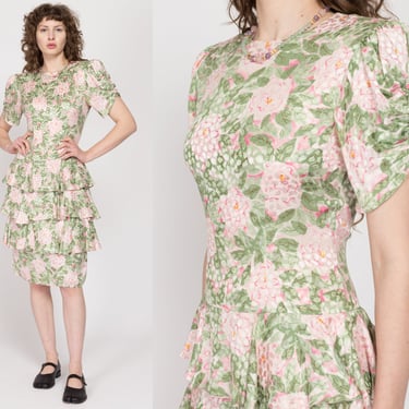 Medium 80s Maggy London Rose Floral Silk Dress | Vintage Boho Puff Sleeve Ruffle Skirt Midi Dress 