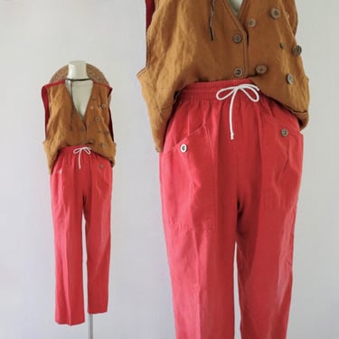 draw string high waist trousers 22-28 - vintage 80s 90s crimson red cotton womens casual comfortable chinos pants small extra small XS s 