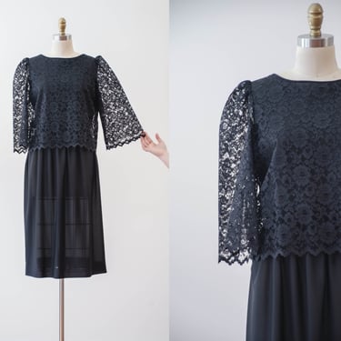 black lace dress | 70s 80s vintage Toni Todd lace overlay sheer bell sleeve knee length dress 