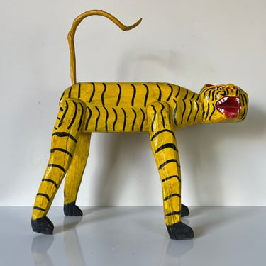 Armando Jimenez - Style Hand Carved Wood and Painted Tiger Sculpture 