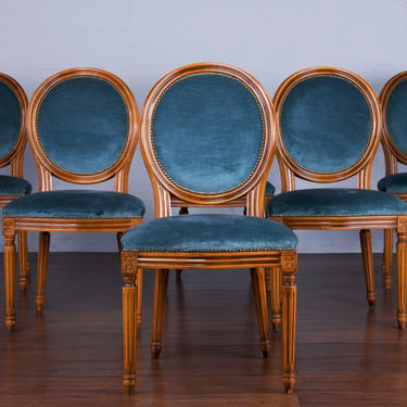 French Louis XVI Style Maple Dining Chairs W/ Blue Velvet - Set of 6 