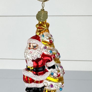 Christopher Radko Santa Peeking Around Gold Tree Glass Christmas Ornament 