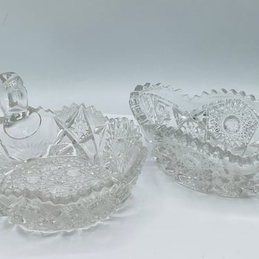 Vintage Pair of American Brilliant Hobstar Hobnail Sawtooth Cut Bowls- Chip Free Nappy Bowl 