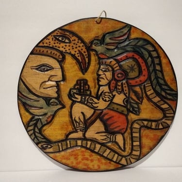 Vintage Carved & Painted Pre- Colombian Style Mayan Art Wall Plaque 11