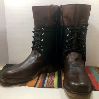 Brown and Black Leather Boots with cowboy boots spats or Gaitors mens size 10 or women's size 11 
