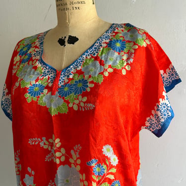 1920s Red Floral Pongee Silk Pullover Top Antique 40 Bust Unworn 