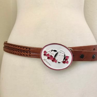 Vintage SNOOPY with hearts leather braided belt with metal buckle  womens 