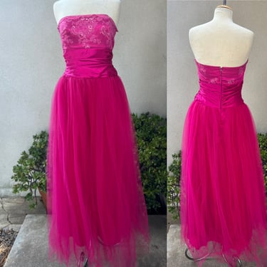 Vintage Jessica McClintock for Gunne Sax raspberry pink long dress tulle lace satin strapless Sz 9/10 small 