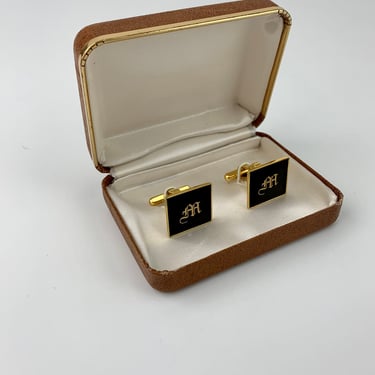 Vintage AMITA Japanese Monogrammed Cufflinks - Gold Tone Settings - Matte Black Enamel - "M" Monogram - Original Box - Dead Stock 