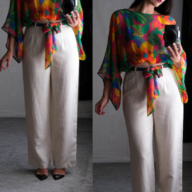 Diane Von Furstenberg Silk Assets Light Beige Linen & Silk High Waisted Pants w/ Vibrant Silk Belt | UNWORN NWT | Y2K DVF Designer Pants 