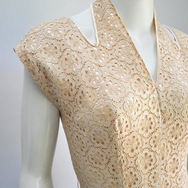 vintage 1940s ivory floral lace & satin wiggle dress w/ pockets XS 