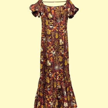 Vintage Shaheen of Honolulu Dress Retro 1960s Mid Century Modern + No Size + Cotton + Brown/Orange/Tan + Hawaii Floral Print + Fish Tail Hem 