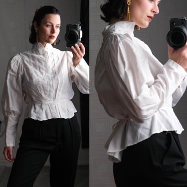 Antique Edwardian Stand Collar Cotton Summer Blouse w/ Long Barrel Cuffs | 1900s French Designer Long Sleeve Button Back Poof Shoulder Top 