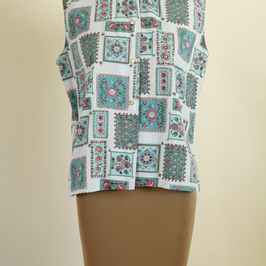 Vintage 1960's Novelty Print Sleeveless Button Down Cotton Blouse by Preston Lady 