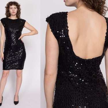 Medium 80s 90s Low Back Black Sequin Dress | Vintage Bodycon Fitted Cocktail Party Mini Dress 