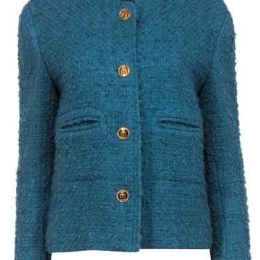 Chanel - Vintage Teal Textured Tweed Jacket w/ Gold Perfume Buttons Sz 8