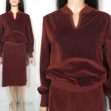 Vintage 70s/80s Chocolate Brown Velour Skirt Set Size M 