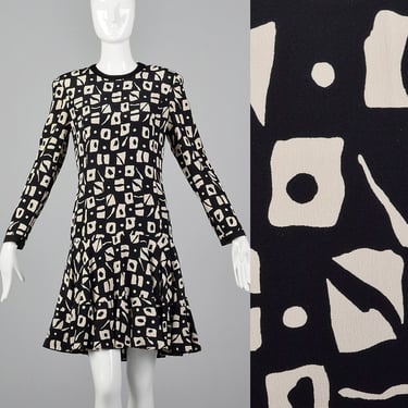 Medium 1980s Louis Feraud Black Graphic Print Dress Long Sleeve Silk Dress Drop Waist Black Beige Mini Skirt 80s Vintage 