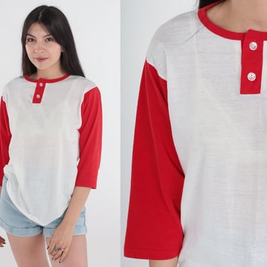 80s Baseball Shirt Henley Tshirt Plain Red White Color Block Long 3/4 Sleeve T Shirt Button Up Shirt 1980s Vintage Sportswear Small Medium 