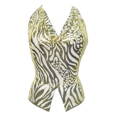 Ferrara Vintage Gold Animal Print Enamel Metal Mesh Halter, New/Old DBS