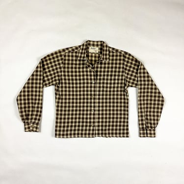 1950s Manhattan Hers Shadow Plaid Cotton Oxford Shirt / Button Down / Loop Collar / Op Art / Optical Illusion / S / M / 50s / 40s / Brown / 