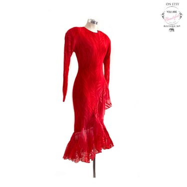 80's Red Mermaid Wiggle Dress, Vintage 1980's Evening Party Dress Gown, Sexy,  Size 7/8, medium, Backless 