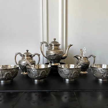 Rare Chinese Export Sterling Silver Tea Set with Dragon Design Tianjing Wuhua