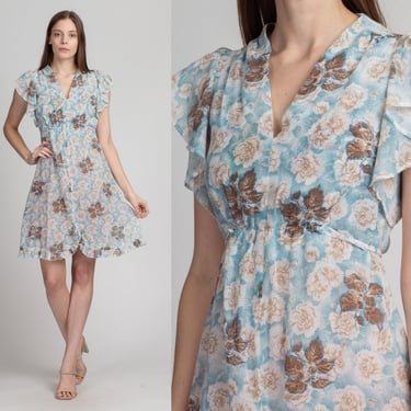 70s Sheer Blue Floral Flutter Sleeve Mini Dress XS to Small | Vintage Boho A Line Hippie Sundress 