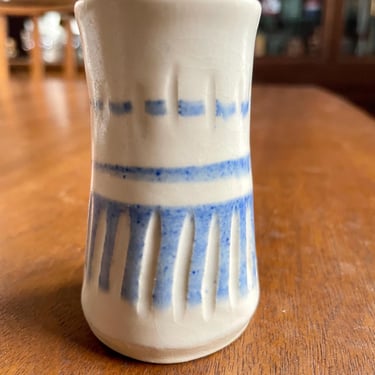 Vintage 1981 Studio Pottery Mini Blue and Cream Bud Vase 