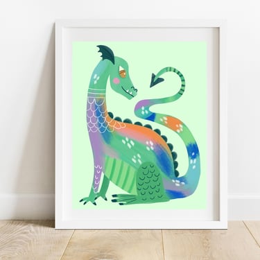 Bright and Colorful Kids Room Dragon Print/ 8 X 10 Medieval Character Illustration/ Fantasy Creature Wall Decor/ Mythical Nursery Art 