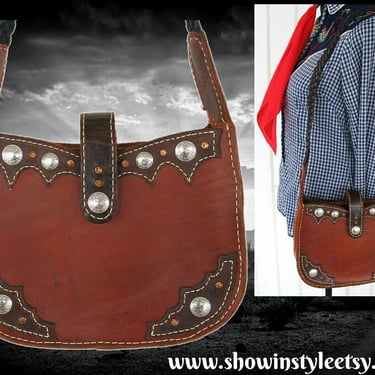 Leather Cowgirl Purse, Vintage Western Shoulder Bag, Dark Brown with Round Silver Conchos & Amber Rhinestones, Medium Size 