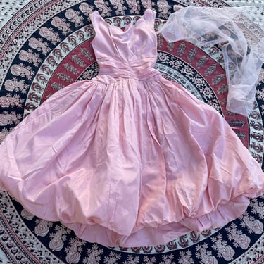 Gorgeous true vintage 1950’s powder pink taffeta gown with bubble pouf hem & net shrug | ‘50s poufy prom dress, pastel, XXS/XS 