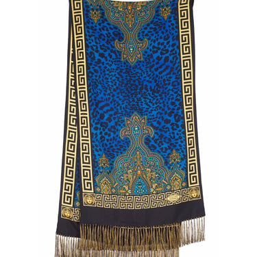 Versace Atelier 1990s Vintage Baroque Greek Key Trim Silk Long Fringe Scarf 