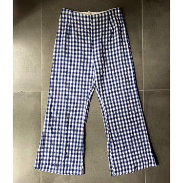 70s Seersucker Gingham High Waisted Bell Bottom Pants Size S / M 