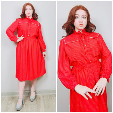 1970s Vintage Lady Carol Pin Striped Nautical Dress / 70s Sailor Collar Red Ruffled Pussybow Dress / Size XL 
