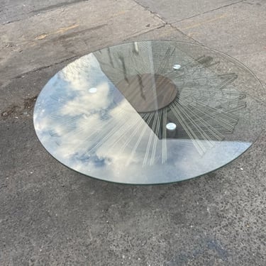 One of a kind round glass coffee table. 47x14&quot; tall
