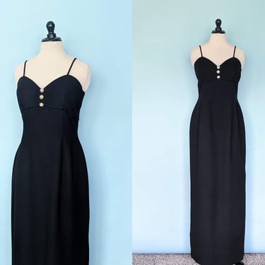 Vintage 80s Floor Length Black Evening Gown, 1980s Prom Dress, Sheath Party Dress with Side Slit 